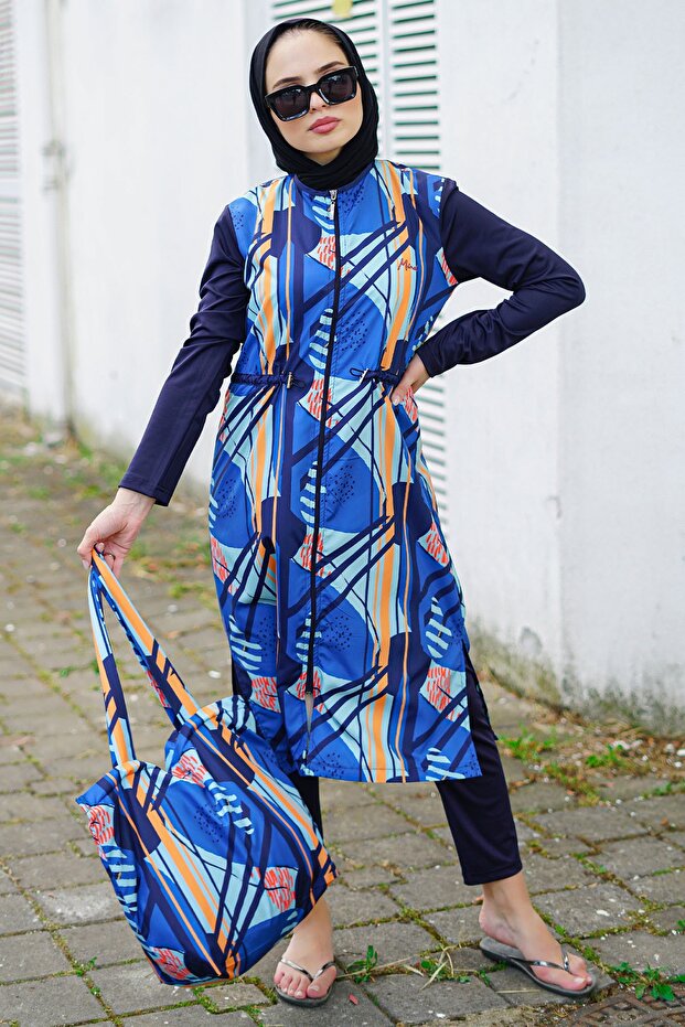 Women's Blue Digital Print Patterned Fully Covered Long Hijab Swimsuit Set of 2