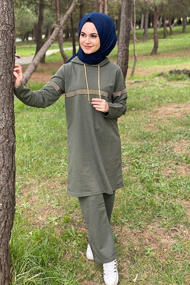 Women's Hooded Glitter Striped Tracksuit Set Khaki