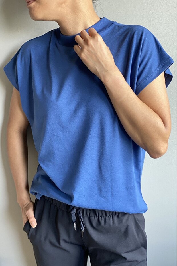 Cate Dik Yaka (mock Neck) Kısa Kol Mavi Bluz - 2