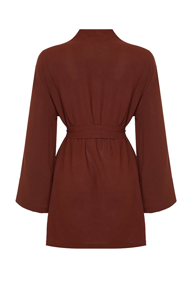 Kahverengi Dokuma Keten Görünümlü Kimono TCTSS24KK00004 - 8