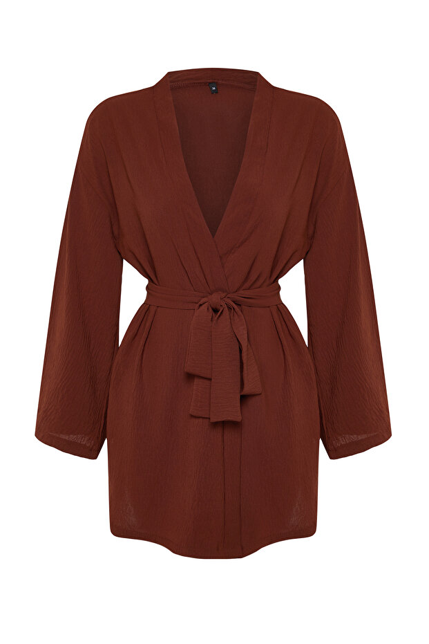 Kahverengi Dokuma Keten Görünümlü Kimono TCTSS24KK00004 - 7