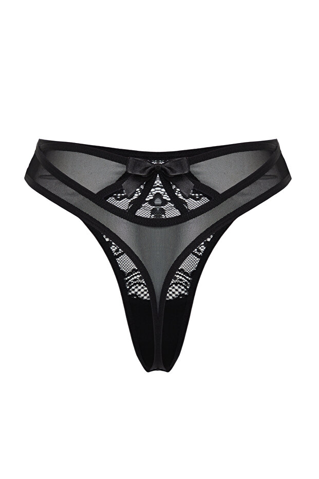 Siyah Dantelli Tül ve Fiyonk Detaylı Tanga Örme Külot THMSS24KU00037 - 10