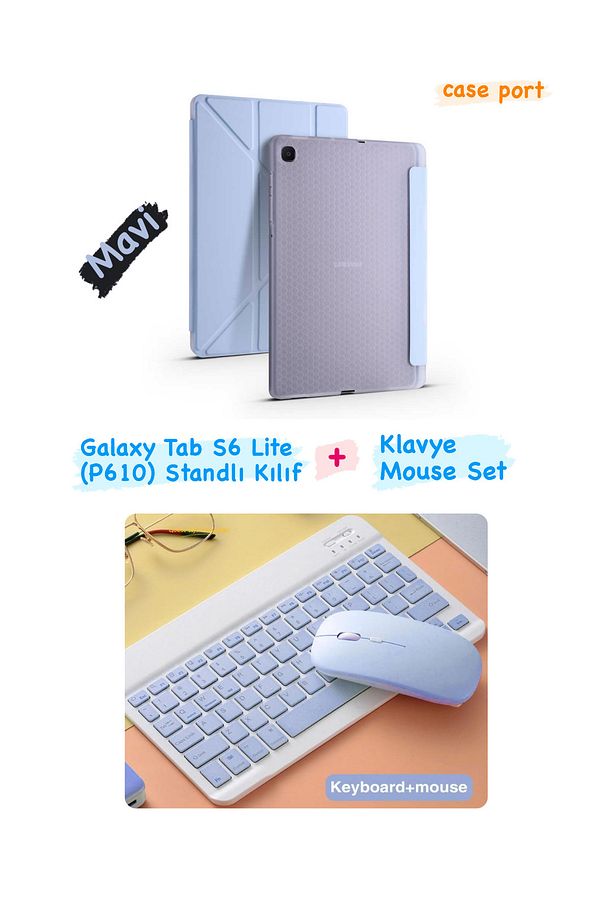 Galaxy Tab S6 Lite (P610) Uyumlu Bluetooth Klavye Mouse Set Standlı Kılıf - 1
