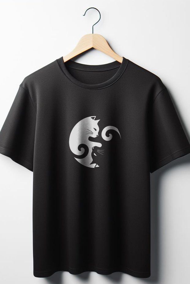 Unisex Black Oversize T-Shirt - Cat Printed, Crew Neck