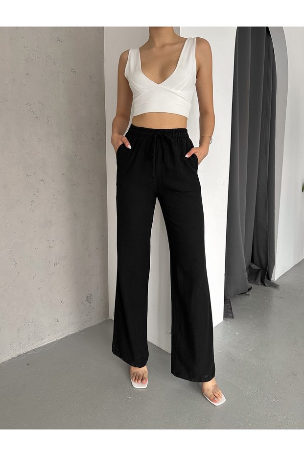 Black Linen Blend Loose-Fit Long Trousers