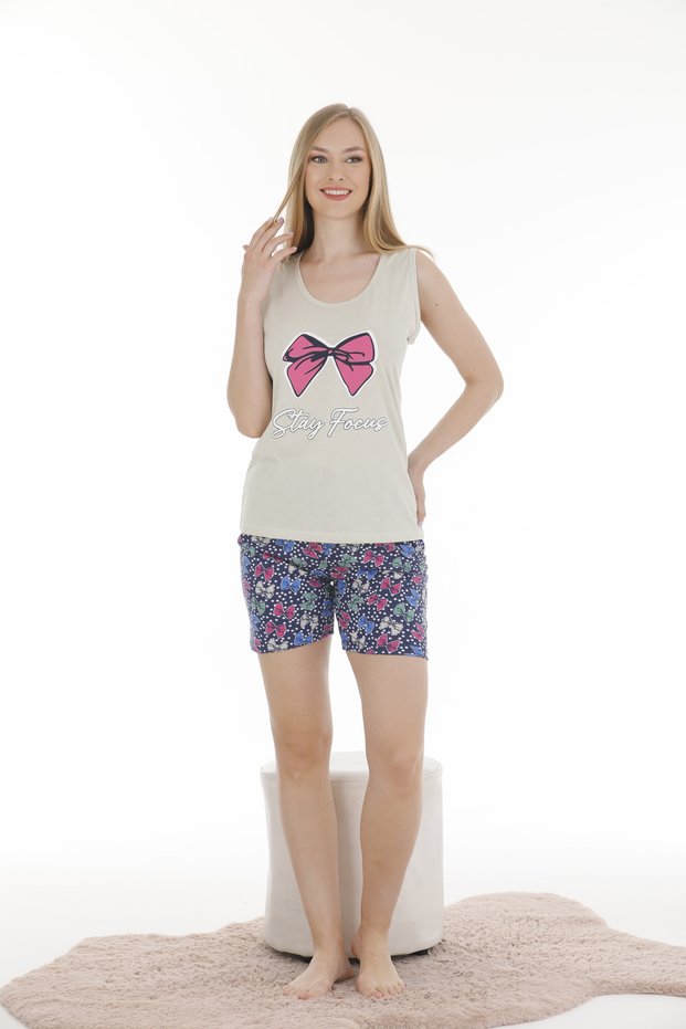 Summer Women's Combed Cotton Wide Strap Crew Neck Shorts Pajama Set