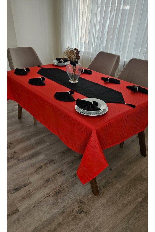 Colber Line Detailed Tablecloth (Red-Black) 8 Person 18 Piece - Table 160X180...160X350