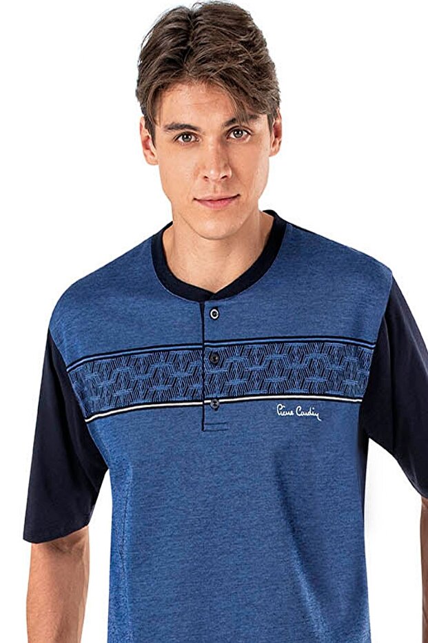 6018 Erkek Jakarlı Kısa Kollu Şortlu 3'lü Pijama Takımı - 2