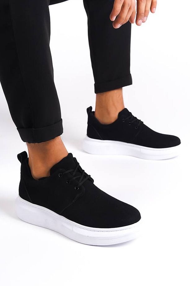 Erkek Siyah Beyaz Süet Bağcıklı Spor Günlük Ayakkabı Yüksek Kalın Taban Hafif Rahat Taban Sneaker - 1
