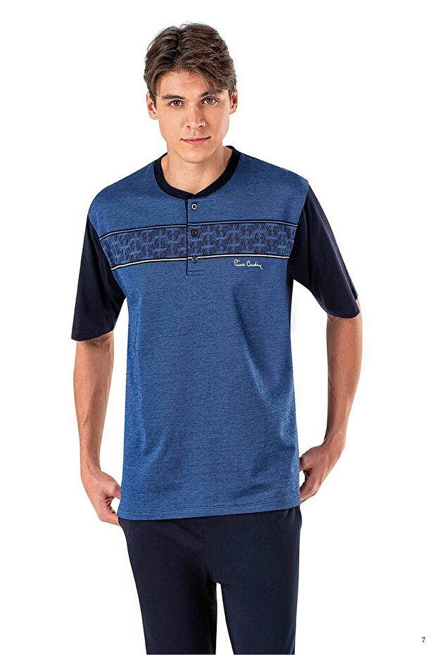 6018 Erkek Jakarlı Kısa Kollu Şortlu 3'lü Pijama Takımı - 1