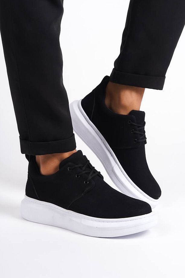 Erkek Siyah Beyaz Süet Bağcıklı Spor Günlük Ayakkabı Yüksek Kalın Taban Hafif Rahat Taban Sneaker - 2