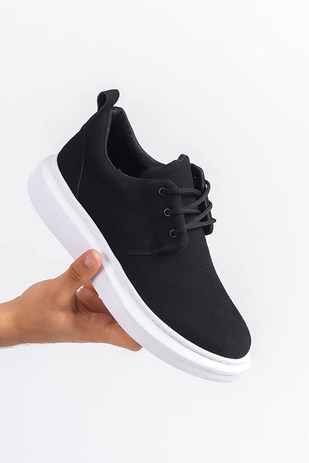 Erkek Siyah Beyaz Süet Bağcıklı Spor Günlük Ayakkabı Yüksek Kalın Taban Hafif Rahat Taban Sneaker - 3