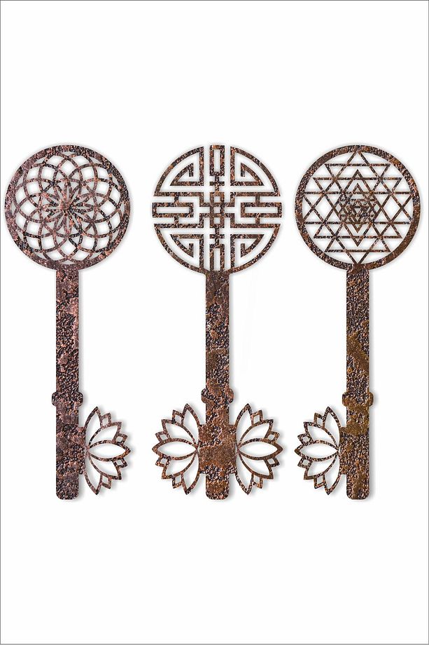 Renkli Yaşam Çiçeği, Sri Yantra ve Torus Anahtarlı 3 lü Tablo Seti - 1