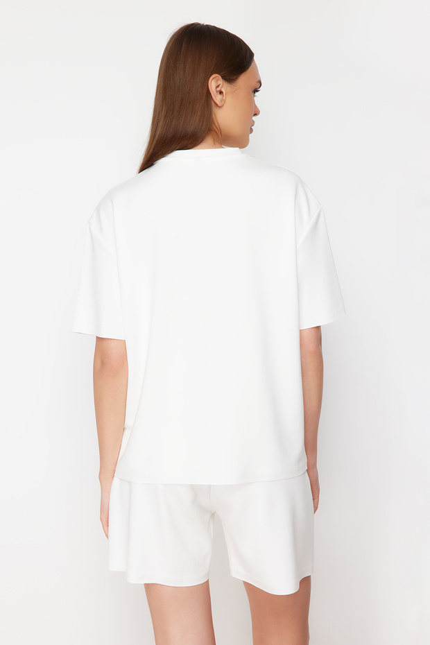 Ekru Cep Detaylı Oversize/Geniş Kalıp Esnek Örme T-shirt Şort Alt-Üst Takım TWOSS24AU00105 - 6