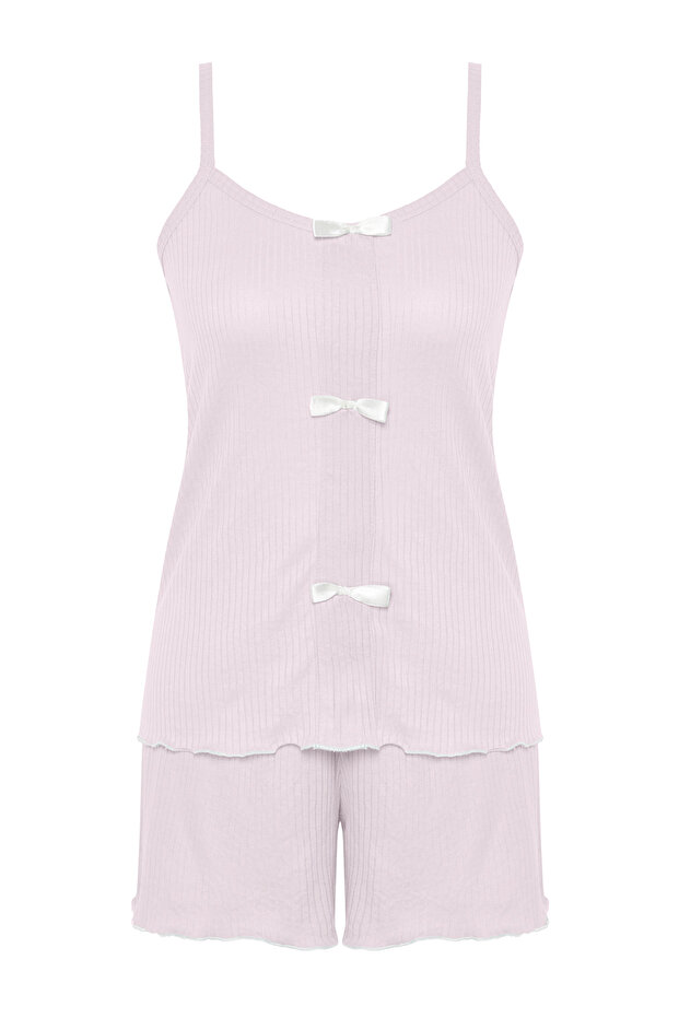 Açık Pembe Kurdele/Fiyonk Detaylı İp Askılı Fitilli Şortlu Örme Pijama Takımı THMSS24PT00356 - 7