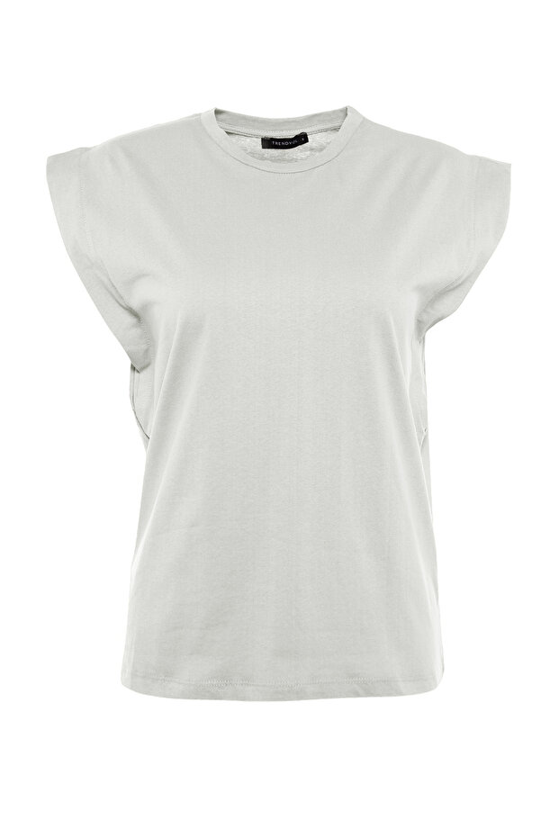 Gri %100 Pamuk Vatka Görünümlü Basic Bisiklet Yaka Örme T-Shirt TWOSS20TS0021 - 7