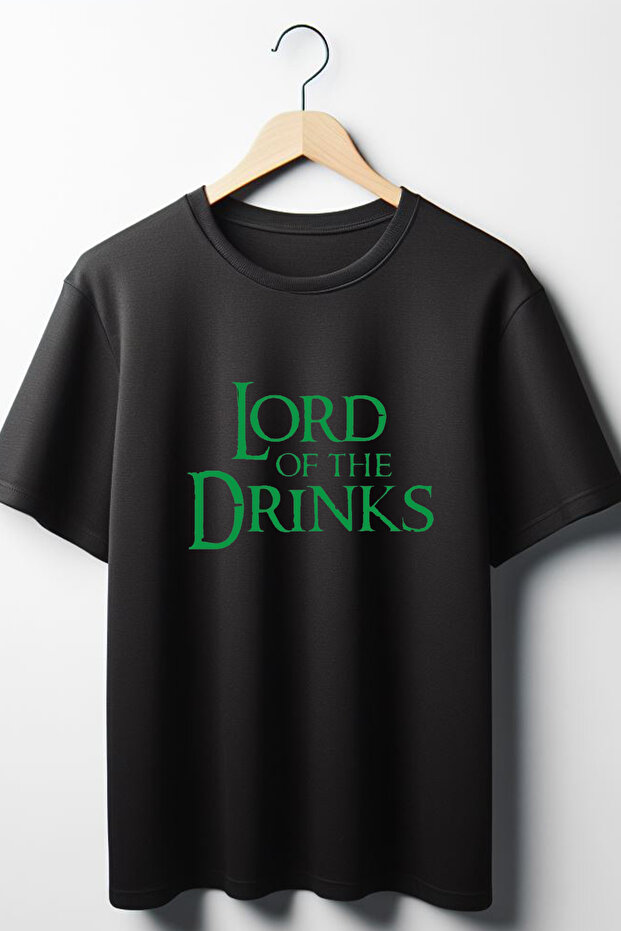 Lord of the Drinks Text Printed Oversize Wide Fit Unisex Crew Neck Black Tshirt