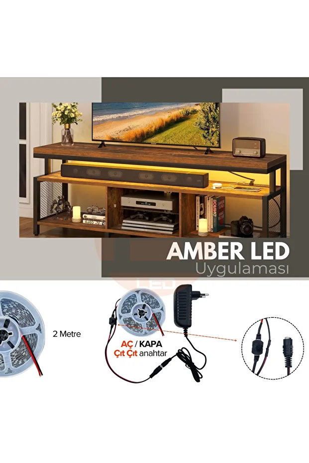 Şerit LED 2 Metre Amber Tak Çalıştır Hazır Set Çıt Çıt Anahtar ve Adaptör Dahil Tezgah Aydınlatma - 1