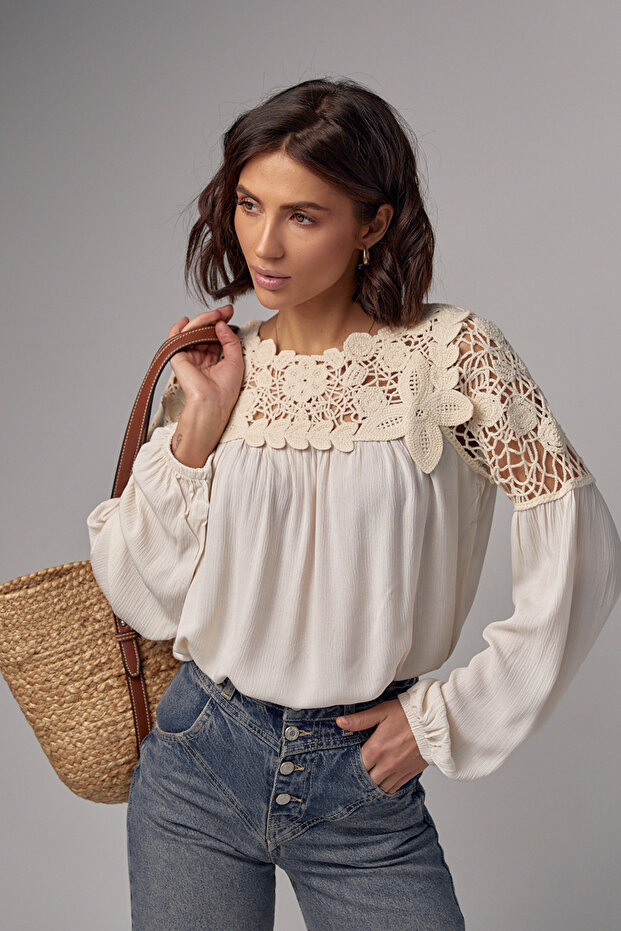 Women's Beige Standard Size Knitted Eyelet Lace Blouse