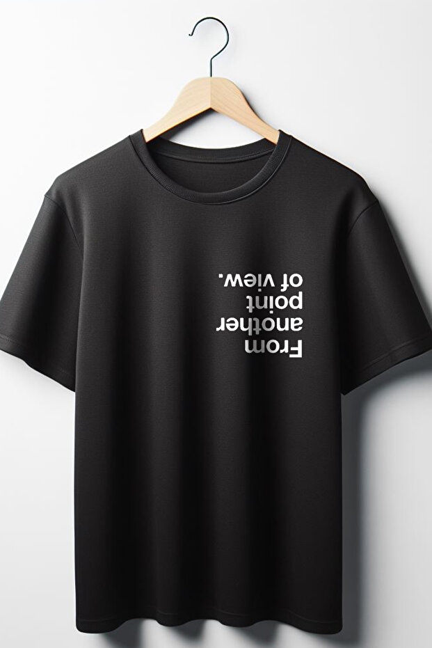 Reverse Text Printed Oversize Wide Fit Unisex Crew Neck Black Tshirt