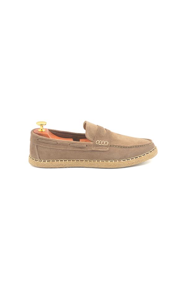 Bej Süet Deri Loafer Hasır Taban Erkek Espadril - 1