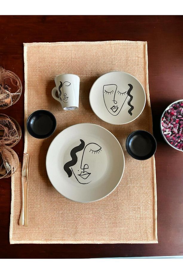 5 Parça Dijital Baskı Servis  Pasta Tabağı Kupa ve Küçük Kase Kahvaltı Seti - 1