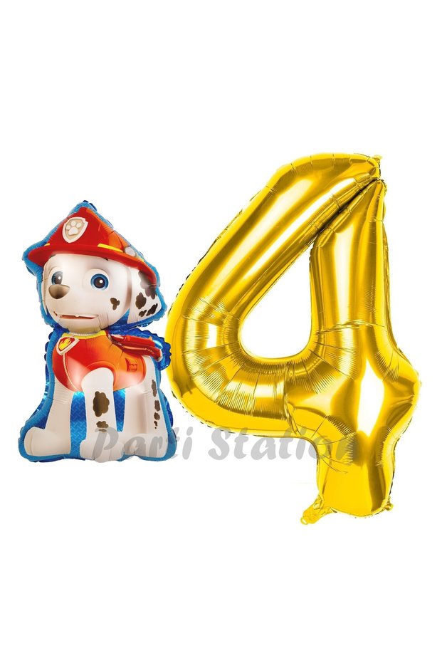 Paw Patrol Balloons, Paw Patrol Firefighter Dog Marshall, 4th Birthday Balloons and Gold Number Balloons Birthday Set