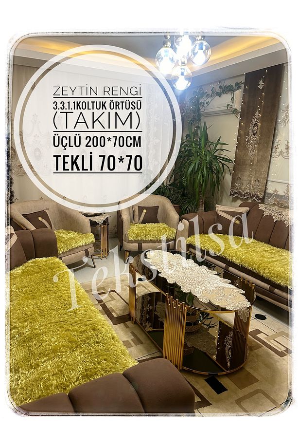 Lüks Pamuklu Polyester Koltuk çekyat Örtüsü (TAKIM 3,3,1,1)sari Rengi Çift Taraflı - 8