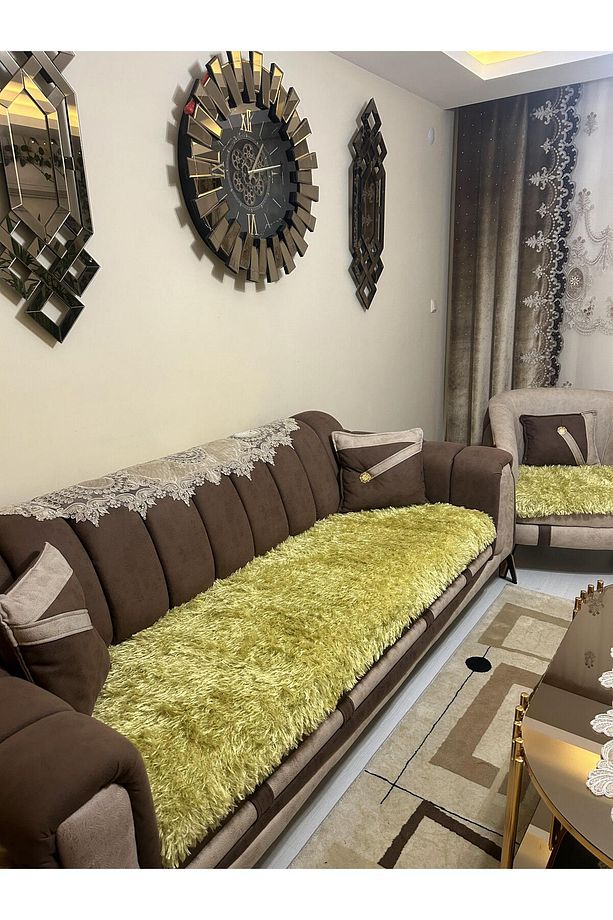 Lüks Pamuklu Polyester Koltuk çekyat Örtüsü (TAKIM 3,3,1,1)sari Rengi Çift Taraflı - 1
