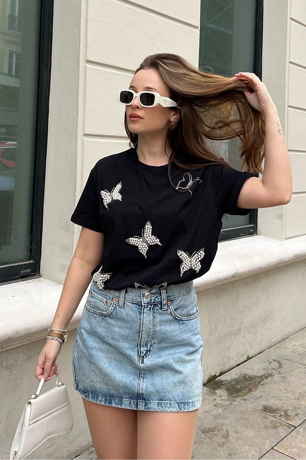Kadın İnci Taş İşlemeli Penye Tshirt 60211009 - 5