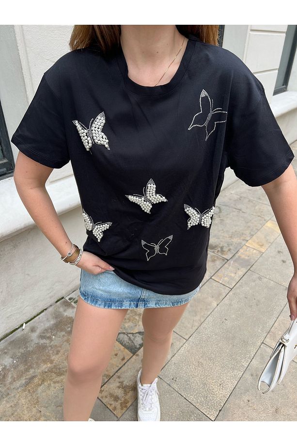Kadın İnci Taş İşlemeli Penye Tshirt 60211009 - 4