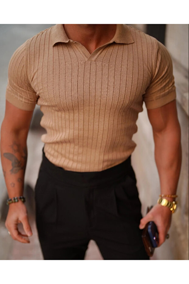 Men's Ribbed Polo Collar Knitwear T-Shirt