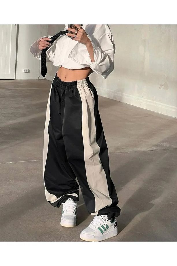 Retro Y2k Siyah Line Baggy Paraşüt Kumaş Unisex Eşofman Altı - 1