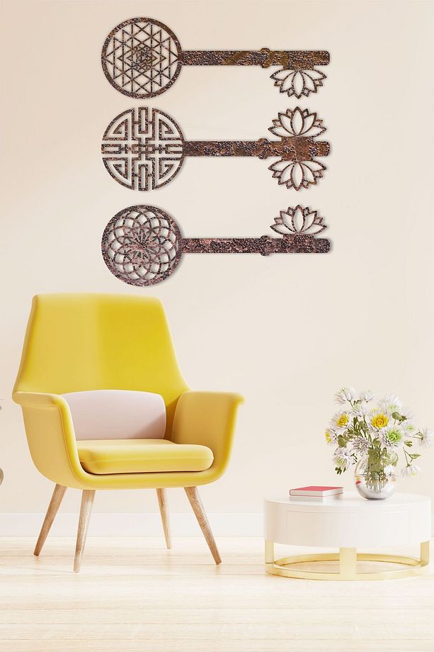 Renkli Yaşam Çiçeği, Sri Yantra ve Torus Anahtarlı 3 lü Tablo Seti - 2