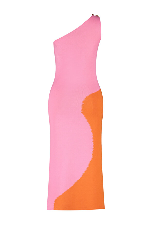 Pembe Renk Bloklu Tek Omuz Triko Elbise TWOSS24EL00462 - 9