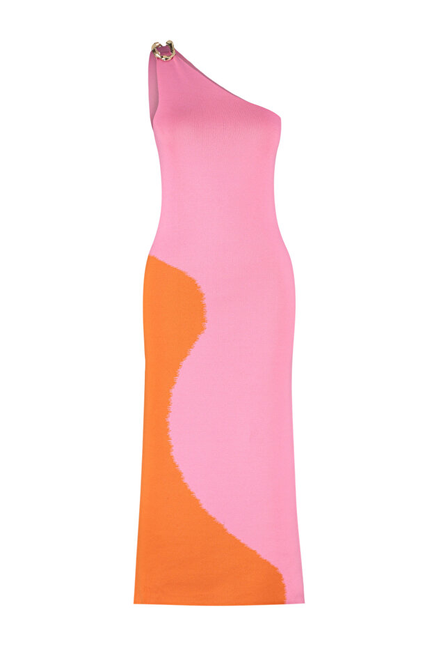 Pembe Renk Bloklu Tek Omuz Triko Elbise TWOSS24EL00462 - 8