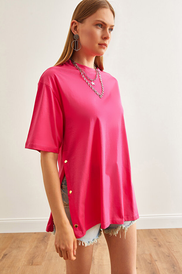 Women's Fuchsia Side Button Cotton T-shirt TSH-19000762