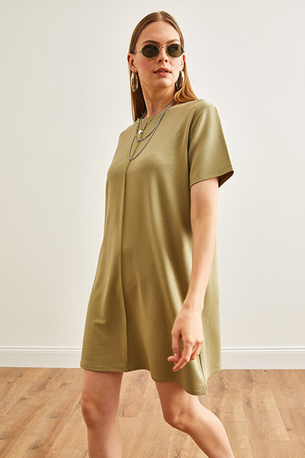 Kadın Haki Önü Dikişli Yumuşak Dokulu Mini Elbise ELB-19002087 - 4