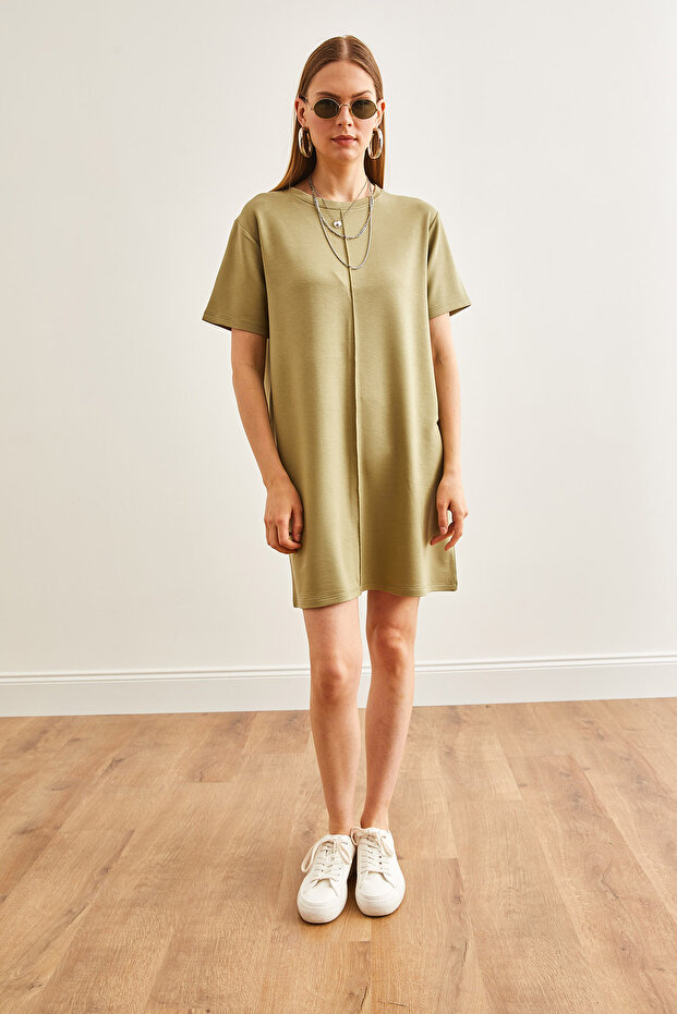 Kadın Haki Önü Dikişli Yumuşak Dokulu Mini Elbise ELB-19002087 - 2