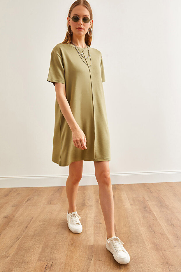 Kadın Haki Önü Dikişli Yumuşak Dokulu Mini Elbise ELB-19002087 - 1
