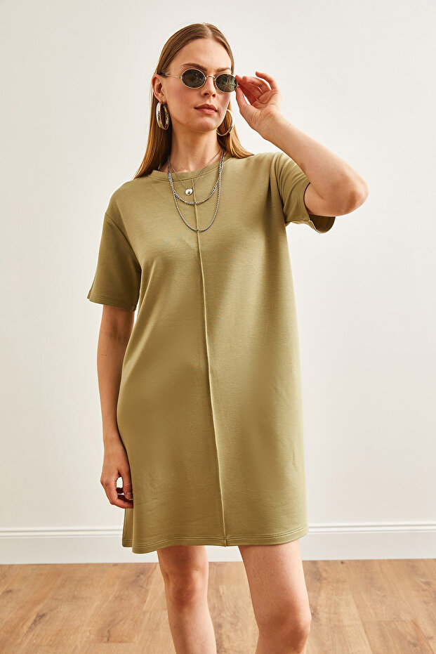 Kadın Haki Önü Dikişli Yumuşak Dokulu Mini Elbise ELB-19002087 - 3