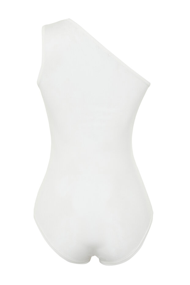 Beyaz Asimetrik Yaka Cut Out Detaylı Alttan Çıtçılı Örme Body TWOSS23BD00014 - 8