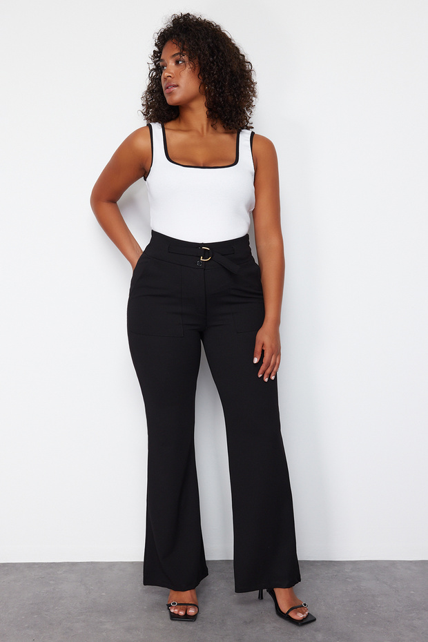 Černé kalhoty s vysokým pasem a detaily ve tvaru zvonu, pletené, velké velikosti, TBBSS24AR00030 - 3