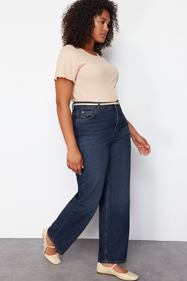 Koyu Mavi Yüksek Bel Comfort/Orta Esnek Straight Fit Denim Büyük Beden Jeans TBBSS24CJ00051 - 3