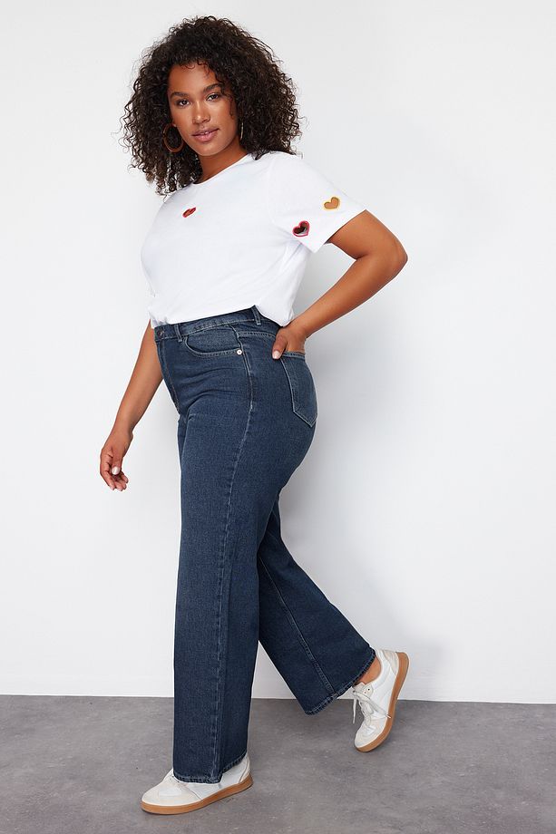 Koyu Mavi Yüksek Bel Soluk Efekt Vintage Yıkam Geniş Paça Büyük Beden Wide Leg Jeans TBBSS24CJ00050 - 3