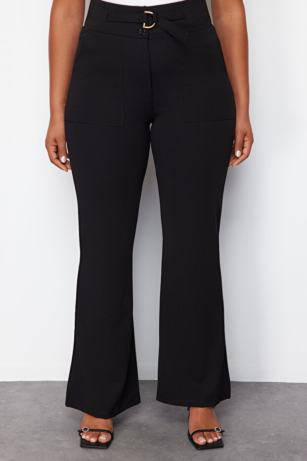 Černé kalhoty s vysokým pasem a detaily ve tvaru zvonu, pletené, velké velikosti, TBBSS24AR00030 - 4