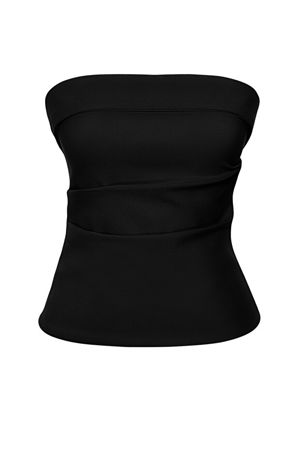 Siyah Straplez Fitted Drapeli Dokuma Bluz TWOSS24BZ00348 - 8