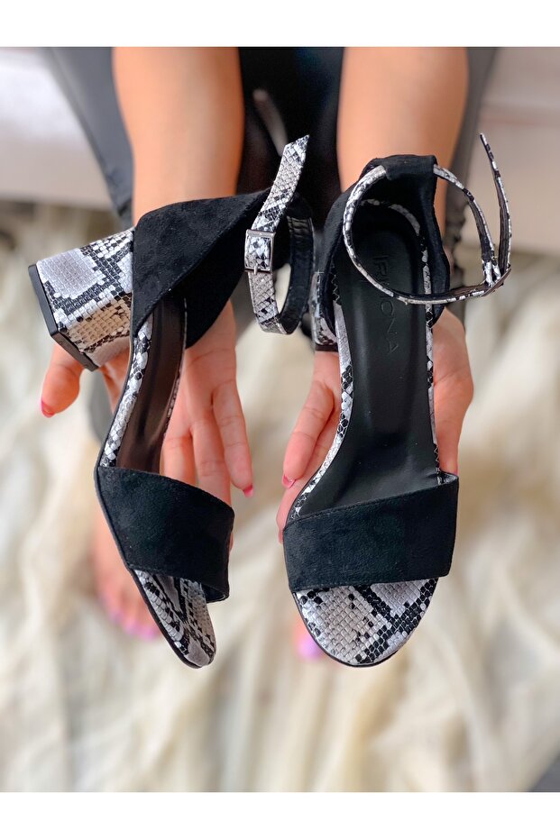 Black Suede Gray Snake Skin Detailed Strap Heel Shoes Sandals