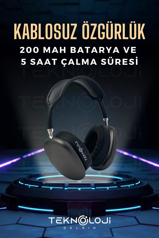 P9 Pro Bluetooth Kulaklık Kulak üstü Stereo Extra Bass Ses Kalitesi iOS ve Android Uyumlu  Aux/Sd/Fm - 6