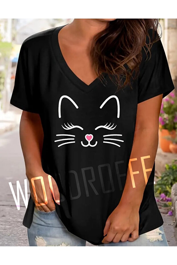 Women's V-Neck Black Printed T-Shirt Loose Comfortable Cut Boyfirend